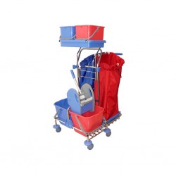 Carucior cromat cu doua galeti de 15L, storcator, doua galeti de 9L,  suport pentru sac 2x70L